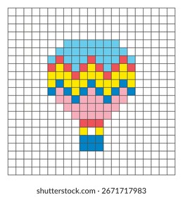 Un diseño de píxeles planos hecho de bloques geométricos de color cuadrado en un diseño de cuadrícula limpia. Adecuado para Elementos de juegos educativos, iconos o patrones de artesanía. Globo de aire caliente del arte del pixel