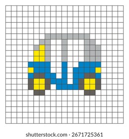 Un diseño de píxeles planos hecho de bloques geométricos de color cuadrado en un diseño de cuadrícula limpia. Adecuado para Elementos de juegos educativos, iconos o patrones de artesanía. Pixel art auto-rickshaw