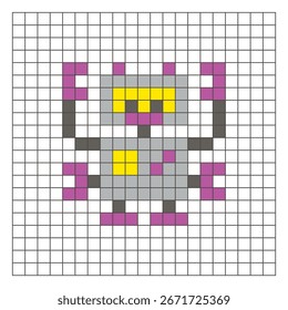 Ein flaches Pixeldesign aus geometrischen quadratischen Farbblöcken auf einem sauberen Rasterlayout. Geeignet für Unterrichtsspielelemente, Symbole oder Handwerksmuster. Pixel Art Roboter