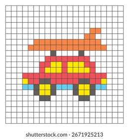 Un diseño de píxeles planos hecho de bloques geométricos de color cuadrado en un diseño de cuadrícula limpia. Adecuado para Elementos de juegos educativos, iconos o patrones de artesanía. Pixel art coche y tabla de surf