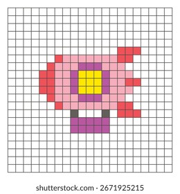 A flat pixel design made of geometric square color blocks on a clean grid layout. Suitable for educational game elements, icons, or craft patterns. Pixel art zeppelin