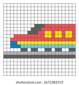 A flat pixel design made of geometric square color blocks on a clean grid layout. Suitable for educational game elements, icons, or craft patterns. Pixel art modern train