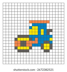 Ein flaches Pixeldesign aus geometrischen quadratischen Farbblöcken auf einem sauberen Rasterlayout. Geeignet für Unterrichtsspielelemente, Symbole oder Handwerksmuster. Pixel Art Road Roller