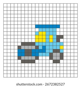A flat pixel design made of geometric square color blocks on a clean grid layout. Suitable for educational game elements, icons, or craft patterns. Pixel art road roller