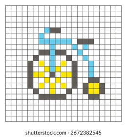 A flat pixel design made of geometric square color blocks on a clean grid layout. Suitable for educational game elements, icons, or craft patterns. Pixel art classic bicycle