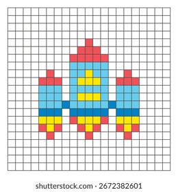 Um design de pixel plano feito de blocos de cores quadradas geométricas em um layout de grade limpo. Adequado para elementos de jogo educativos, ícones ou padrões de artesanato. Foguete de arte Pixel