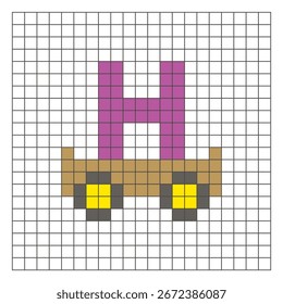 Um design de pixel plano feito de blocos de cores quadradas geométricas em um layout de grade limpo. Adequado para elementos de jogo educativos, ícones ou padrões de artesanato. Carrinho de arte Pixel e letra H