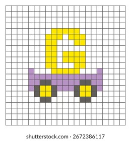 Un diseño de píxeles planos hecho de bloques geométricos de color cuadrado en un diseño de cuadrícula limpia. Adecuado para Elementos de juegos educativos, iconos o patrones de artesanía. Carrito de arte de píxeles y letra G