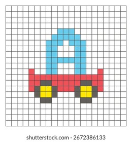 A flat pixel design made of geometric square color blocks on a clean grid layout. Suitable for educational game elements, icons, or craft patterns. Pixel art cart and letter A