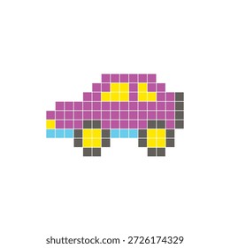 Ein flaches Pixeldesign aus geometrischen quadratischen Farbblöcken auf einem sauberen Symbollayout. Geeignet für kreative moderne Elemente, Einzelstücke oder helle Handwerksprojekte. Pixel Art Car