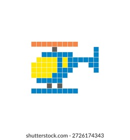 A flat pixel design made of geometric square color blocks on a clean icon layout. Suitable for creative modern elements, isolated items, or bright craft projects. Pixel art helicopter