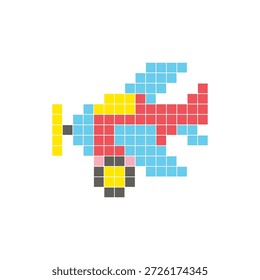 A flat pixel design made of geometric square color blocks on a clean icon layout. Suitable for creative modern elements, isolated items, or bright craft projects. Pixel art aircraft