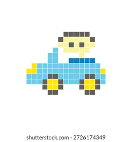 A flat pixel design made of geometric square color blocks on a clean icon layout. Suitable for creative modern elements, isolated items, or bright craft projects. Pixel art car and driver