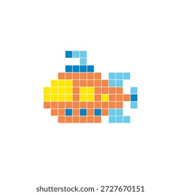 Um design de pixel plano feito de blocos de cores quadradas geométricas em um layout de ícone limpo. Adequado para elementos criativos modernos, itens isolados ou projetos de artesanato brilhante. Submarino Pixel art