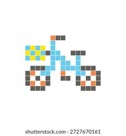 A flat pixel design made of geometric square color blocks on a clean icon layout. Suitable for creative modern elements, isolated items, or bright craft projects. Pixel art bicycle