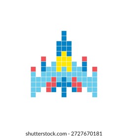Um design de pixel plano feito de blocos de cores quadradas geométricas em um layout de ícone limpo. Adequado para elementos criativos modernos, itens isolados ou projetos de artesanato brilhante. Pixel art nave espacial