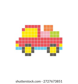 Ein flaches Pixeldesign aus geometrischen quadratischen Farbblöcken auf einem sauberen Symbollayout. Geeignet für kreative moderne Elemente, Einzelstücke oder helle Handwerksprojekte. Pixel Art Pickup Truck