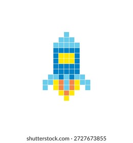 Um design de pixel plano feito de blocos de cores quadradas geométricas em um layout de ícone limpo. Adequado para elementos criativos modernos, itens isolados ou projetos de artesanato brilhante. Foguete de arte Pixel