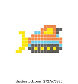 A flat pixel design made of geometric square color blocks on a clean icon layout. Suitable for creative modern elements, isolated items, or bright craft projects. Pixel art bulldozer
