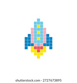Um design de pixel plano feito de blocos de cores quadradas geométricas em um layout de ícone limpo. Adequado para elementos criativos modernos, itens isolados ou projetos de artesanato brilhante. Foguete de arte Pixel