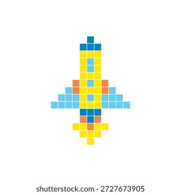 Ein flaches Pixeldesign aus geometrischen quadratischen Farbblöcken auf einem sauberen Symbollayout. Geeignet für kreative moderne Elemente, Einzelstücke oder helle Handwerksprojekte. Pixel Art Rocket