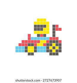 Ein flaches Pixeldesign aus geometrischen quadratischen Farbblöcken auf einem sauberen Symbollayout. Geeignet für kreative moderne Elemente, Einzelstücke oder helle Handwerksprojekte. Pixel Art Rennwagen mit Fahrer