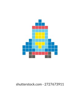 Um design de pixel plano feito de blocos de cores quadradas geométricas em um layout de ícone limpo. Adequado para elementos criativos modernos, itens isolados ou projetos de artesanato brilhante. Pixel art nave espacial