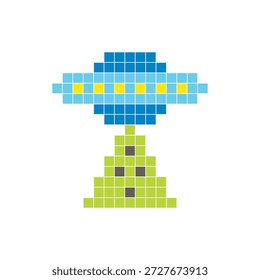 Um design de pixel plano feito de blocos de cores quadradas geométricas em um layout de ícone limpo. Adequado para elementos criativos modernos, itens isolados ou projetos de artesanato brilhante. UFO de arte pixel