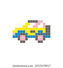 A flat pixel design made of geometric square color blocks on a clean icon layout. Suitable for creative modern elements, isolated items, or bright craft projects. Pixel art off-road car