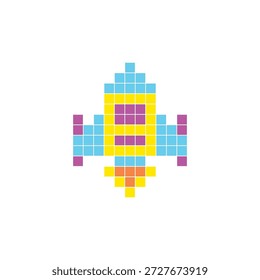 Um design de pixel plano feito de blocos de cores quadradas geométricas em um layout de ícone limpo. Adequado para elementos criativos modernos, itens isolados ou projetos de artesanato brilhante. Foguete de arte Pixel