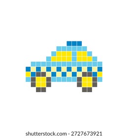 Um design de pixel plano feito de blocos de cores quadradas geométricas em um layout de ícone limpo. Adequado para elementos criativos modernos, itens isolados ou projetos de artesanato brilhante. Pixel art táxi