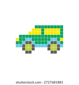 Um design de pixel plano feito de blocos de cores quadradas geométricas em um layout de ícone limpo. Adequado para elementos criativos modernos, itens isolados ou projetos de artesanato brilhante. Carro de arte Pixel