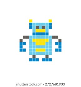 Um design de pixel plano feito de blocos de cores quadradas geométricas em um layout de ícone limpo. Adequado para elementos criativos modernos, itens isolados ou projetos de artesanato brilhante. Robô Pixel Art