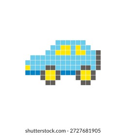A flat pixel design made of geometric square color blocks on a clean icon layout. Suitable for creative modern elements, isolated items, or bright craft projects. Pixel art car