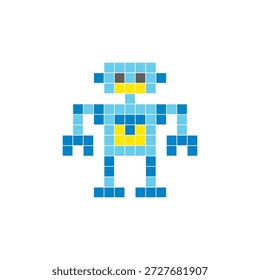 Um design de pixel plano feito de blocos de cores quadradas geométricas em um layout de ícone limpo. Adequado para elementos criativos modernos, itens isolados ou projetos de artesanato brilhante. Robô Pixel Art