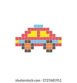 Um design de pixel plano feito de blocos de cores quadradas geométricas em um layout de ícone limpo. Adequado para elementos criativos modernos, itens isolados ou projetos de artesanato brilhante. Pixel art táxi