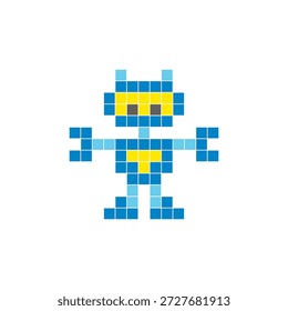 Um design de pixel plano feito de blocos de cores quadradas geométricas em um layout de ícone limpo. Adequado para elementos criativos modernos, itens isolados ou projetos de artesanato brilhante. Robô Pixel Art