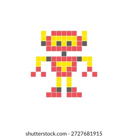 Um design de pixel plano feito de blocos de cores quadradas geométricas em um layout de ícone limpo. Adequado para elementos criativos modernos, itens isolados ou projetos de artesanato brilhante. Robô Pixel Art