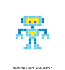Un diseño de píxeles planos hecho de bloques geométricos de color cuadrado en un diseño de icono limpio. Conveniente para los Elementos modernos creativos, los artículos aislados, o los proyectos brillantes del arte. Robot de arte de píxeles