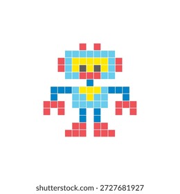 Um design de pixel plano feito de blocos de cores quadradas geométricas em um layout de ícone limpo. Adequado para elementos criativos modernos, itens isolados ou projetos de artesanato brilhante. Robô Pixel Art
