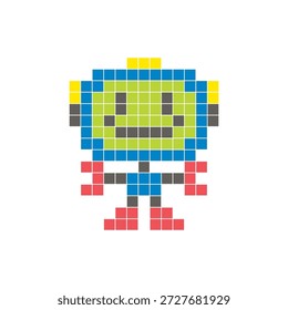 Um design de pixel plano feito de blocos de cores quadradas geométricas em um layout de ícone limpo. Adequado para elementos criativos modernos, itens isolados ou projetos de artesanato brilhante. Robô Pixel Art