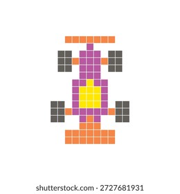 A flat pixel design made of geometric square color blocks on a clean icon layout. Suitable for creative modern elements, isolated items, or bright craft projects. Pixel art race car