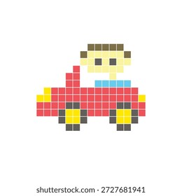 Un diseño de píxeles planos hecho de bloques geométricos de color cuadrado en un diseño de icono limpio. Conveniente para los Elementos modernos creativos, los artículos aislados, o los proyectos brillantes del arte. Pixel art coche y conductor