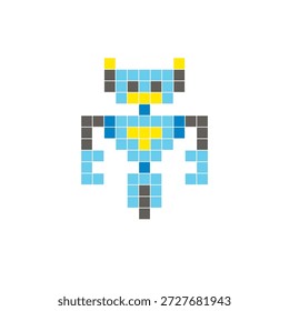 Um design de pixel plano feito de blocos de cores quadradas geométricas em um layout de ícone limpo. Adequado para elementos criativos modernos, itens isolados ou projetos de artesanato brilhante. Robô Pixel Art
