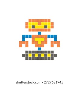 Um design de pixel plano feito de blocos de cores quadradas geométricas em um layout de ícone limpo. Adequado para elementos criativos modernos, itens isolados ou projetos de artesanato brilhante. Robô Pixel Art