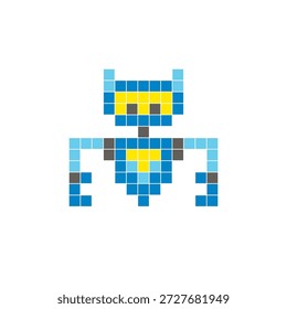 Um design de pixel plano feito de blocos de cores quadradas geométricas em um layout de ícone limpo. Adequado para elementos criativos modernos, itens isolados ou projetos de artesanato brilhante. Robô Pixel Art