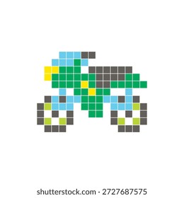 A flat pixel design made of geometric square color blocks on a clean icon layout. Suitable for creative modern elements, isolated items, or bright craft projects. Pixel art motorcycle