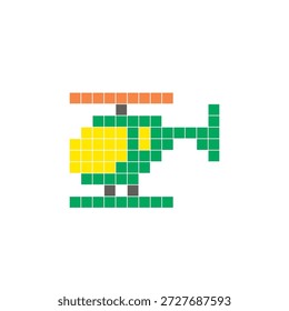 Um design de pixel plano feito de blocos de cores quadradas geométricas em um layout de ícone limpo. Adequado para elementos criativos modernos, itens isolados ou projetos de artesanato brilhante. Helicóptero Pixel Art