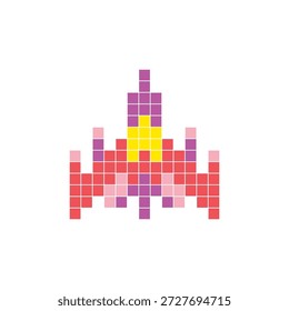 Um design de pixel plano feito de blocos de cores quadradas geométricas em um layout de ícone limpo. Adequado para elementos criativos modernos, itens isolados ou projetos de artesanato brilhante. Pixel art nave espacial