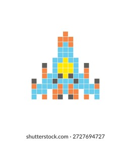 Um design de pixel plano feito de blocos de cores quadradas geométricas em um layout de ícone limpo. Adequado para elementos criativos modernos, itens isolados ou projetos de artesanato brilhante. Pixel art nave espacial